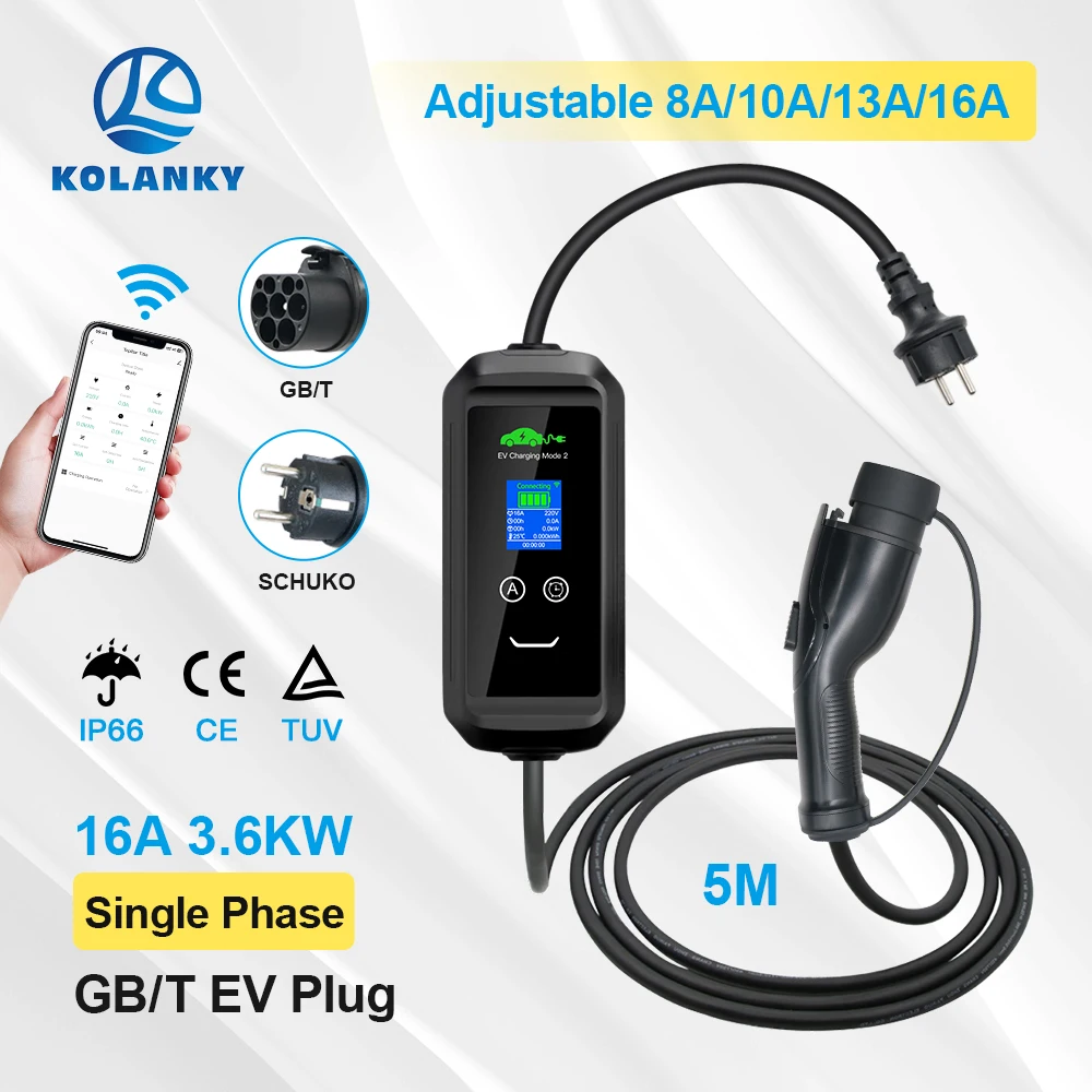 

16A 3.6KW Portable EV Charger GBT China Standard Phone APP Control Charging For Eletric Vehicle Chinese BYD/Cherry Cars Cable 5M