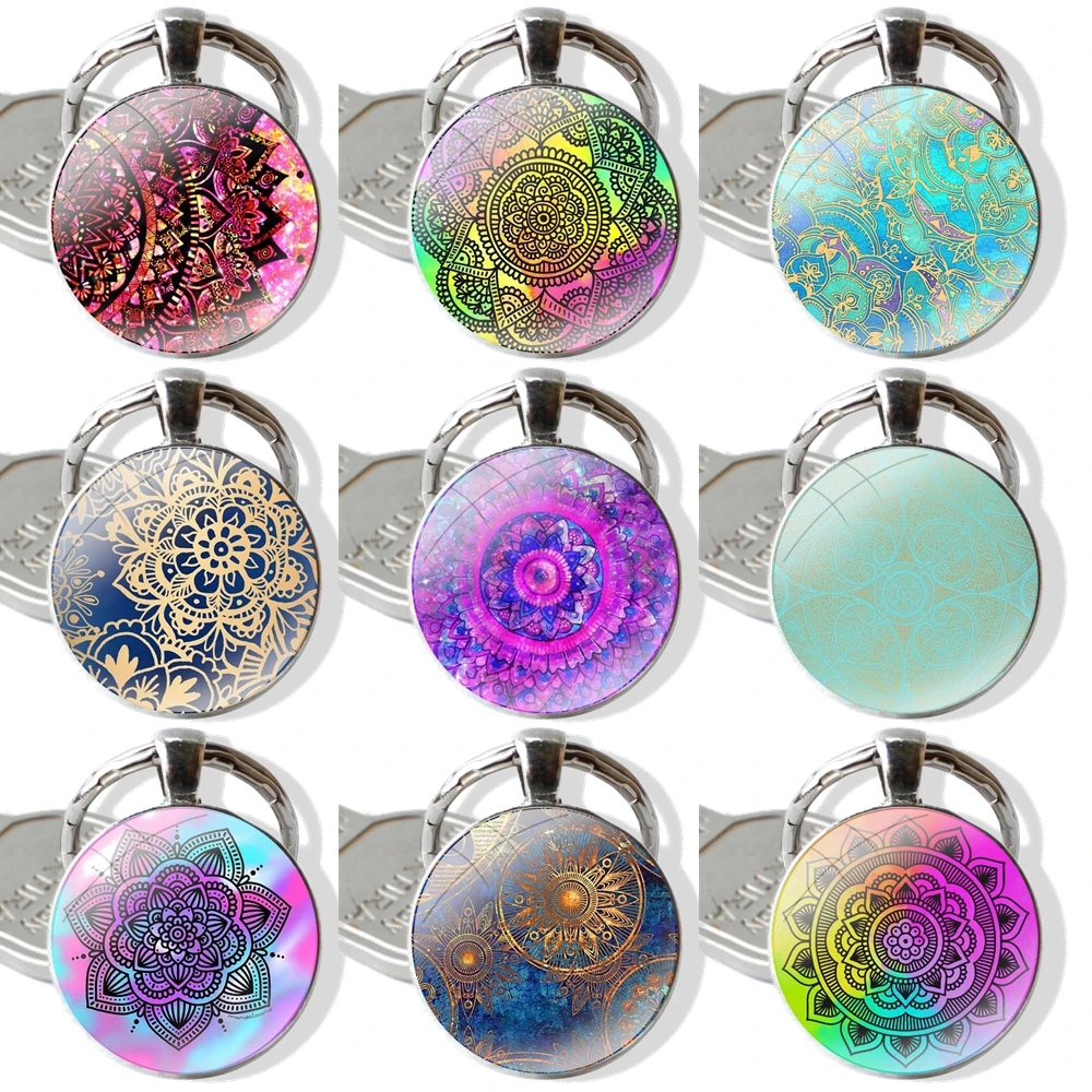 Keychain Handmade Glass Cabochon Key Ring Holder Pendant Key Chains Sapphire Jade Stained Mandalas