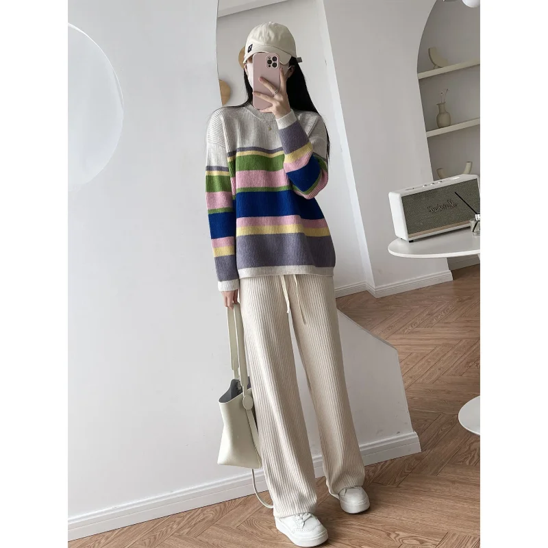 

Pullover Sweater Autumn and Winter Rainbow Stripe Loose O Neck Pullover Color Contrast Sweater Women Long Sleeve Knit Sweater