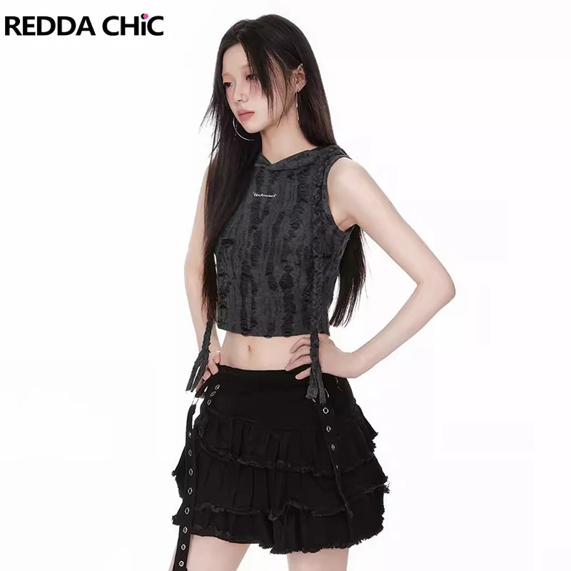 

REDDACHiC Irregular Pleated Denim Mini Skirt Women Solid Black Low Rise Frayed Tiered Ruffle Cake Skirt Grunge Y2k Retro Clothes