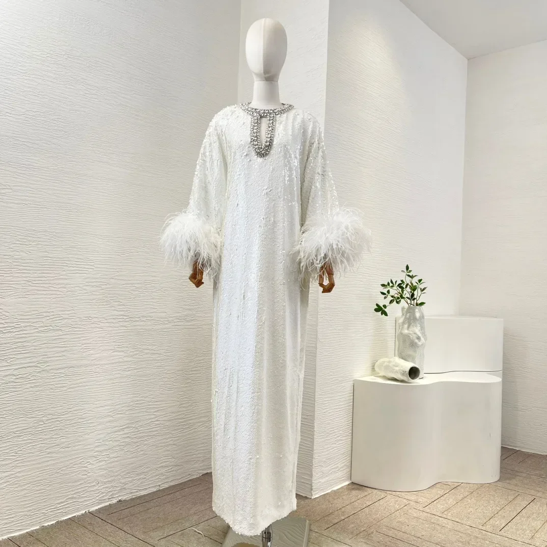 

Новинка 2024, горячее осеннее свободное платье макси с белыми бриллиантами и рюшами и перьями для женщин