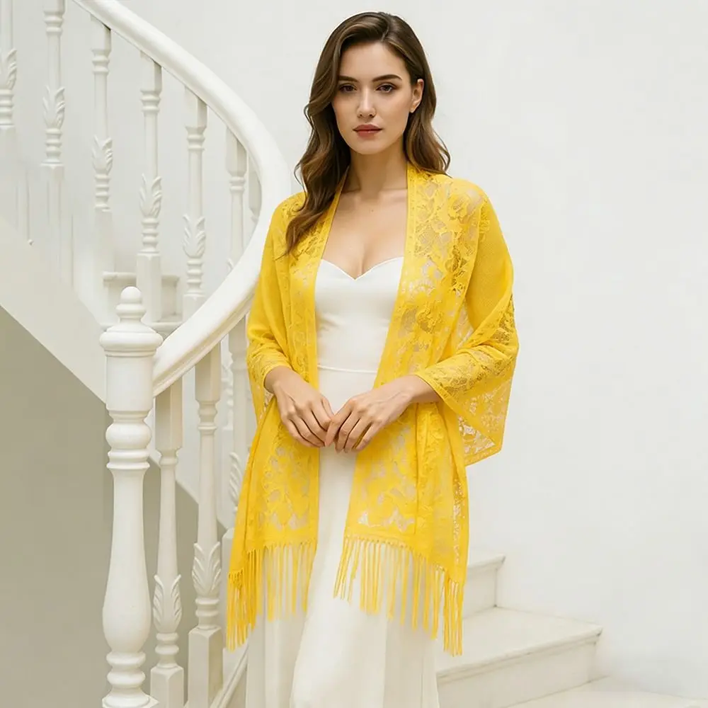 Fashion Tassel Patchwork Women Tulle Shawl Hollow V-Neck Cardigans Evening Prom Cape Multicolored Lace Scarf Shawl Cosplay