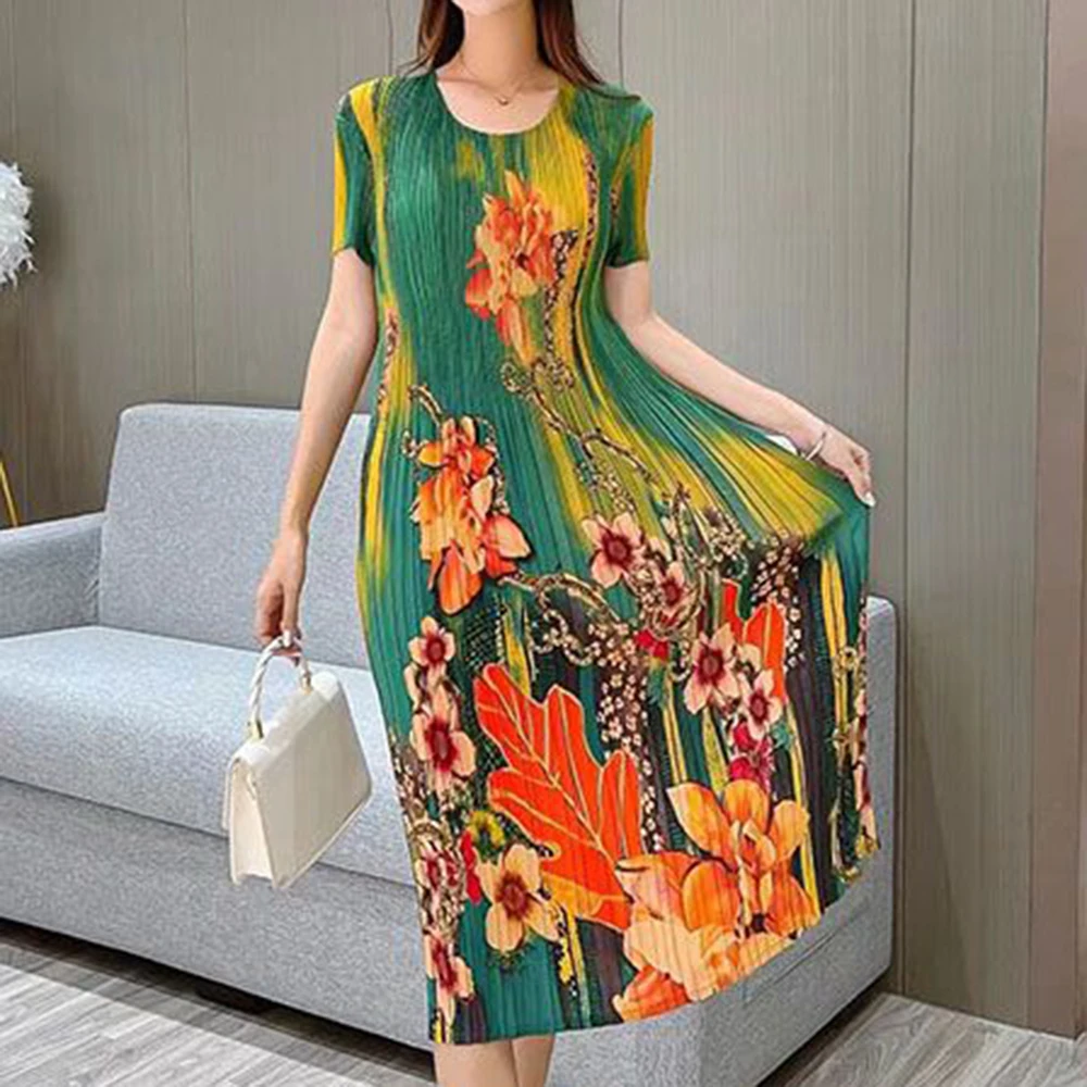 ファッション 薄手 半袖 伸縮性 Aラインスカート プリントプリーツ 新作ワンピース レディース服 夏 薄手 丸首