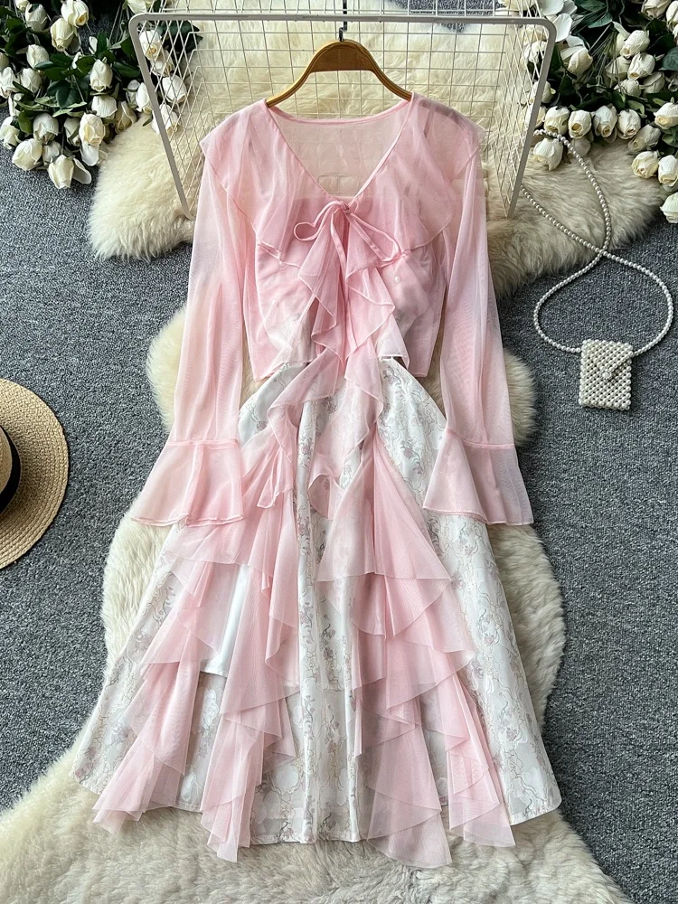 

Elegant Lace Trim Two-Piece Set Women's Spring Autumn Commute Skirt Belted Slimming High Waist Floral Print Casual Workwear