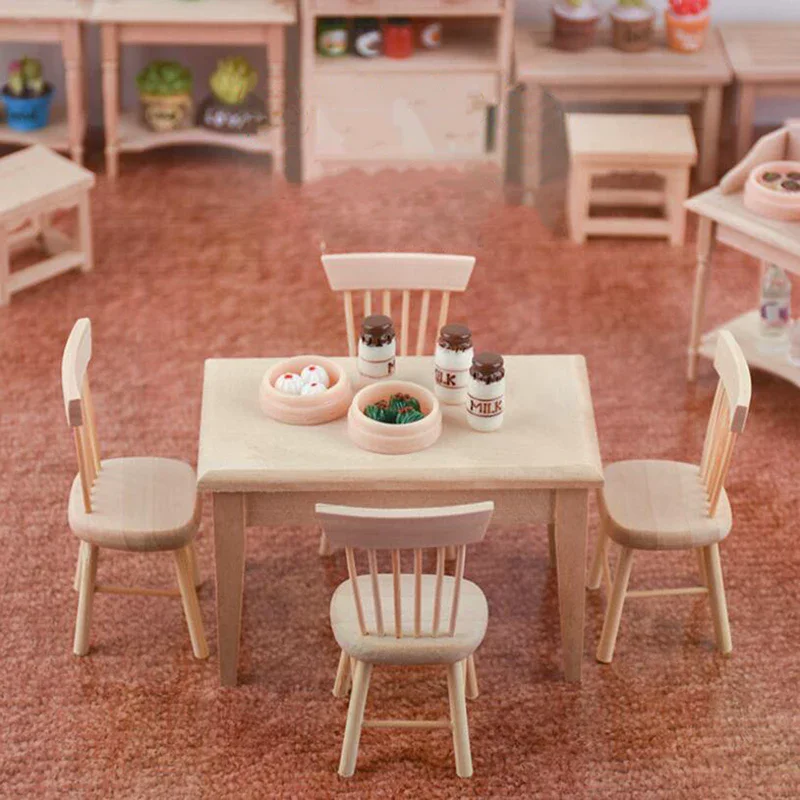 1/12 Miniature Dollhouse Furniture Wooden Dining Table Chair Simulation Toy