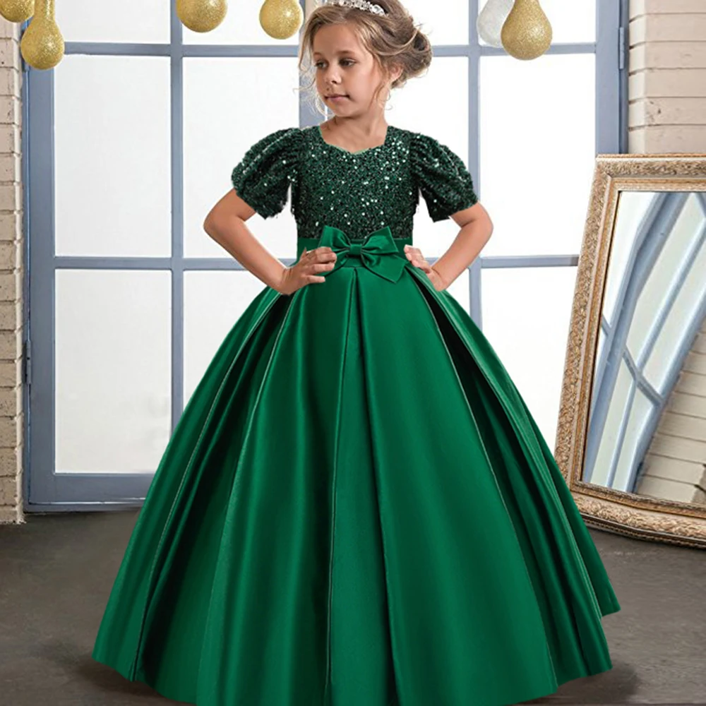 

Christmas Sequin Formal Long Girls Party Dress For Children Costume Princess Kids Clothes Wedding Prom Gown Short Sleeve Costume