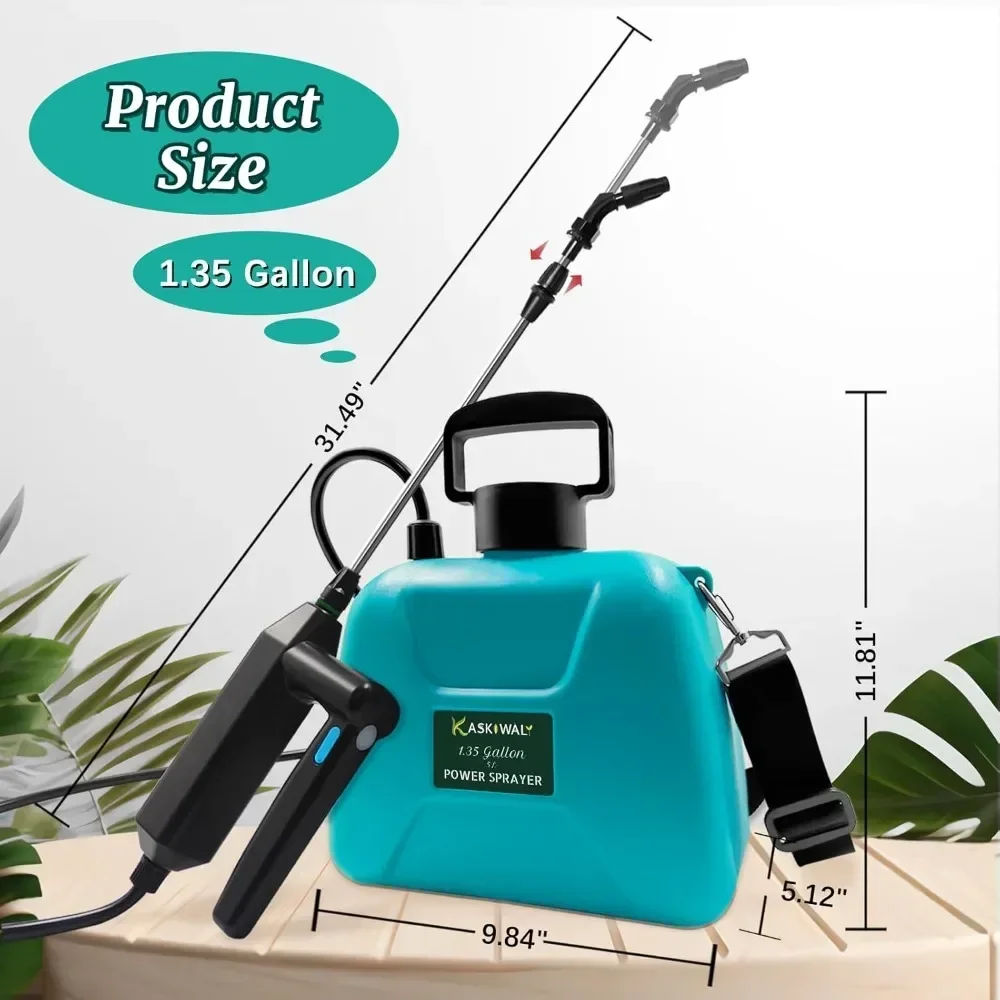 Portable Sprayers, 1.35 Gallon Battery Powered Garden with 3 Nozzles, with Telescopic Rod and USB Charging Handle Sprayers