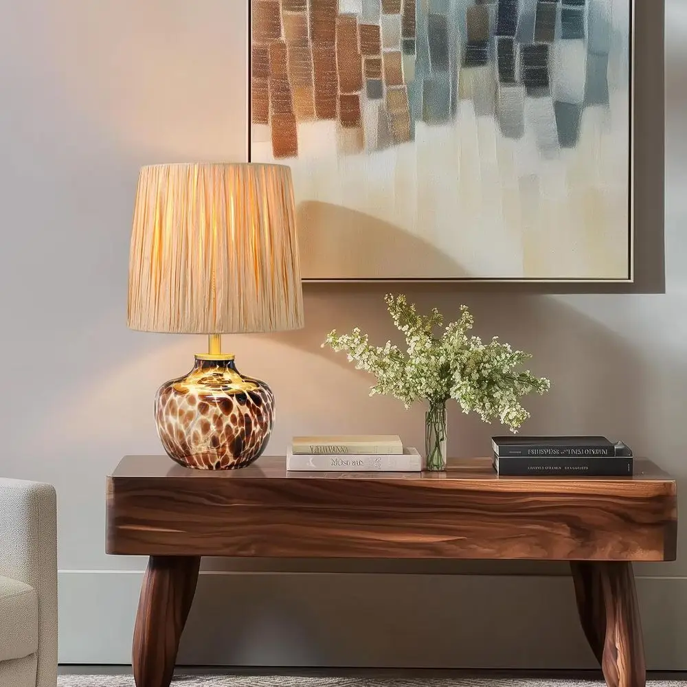 

15 Glass Table Lamp with Natural Shade and Leopard-Print Base, Ideal for Accent or Nightstand Use in Various Rooms