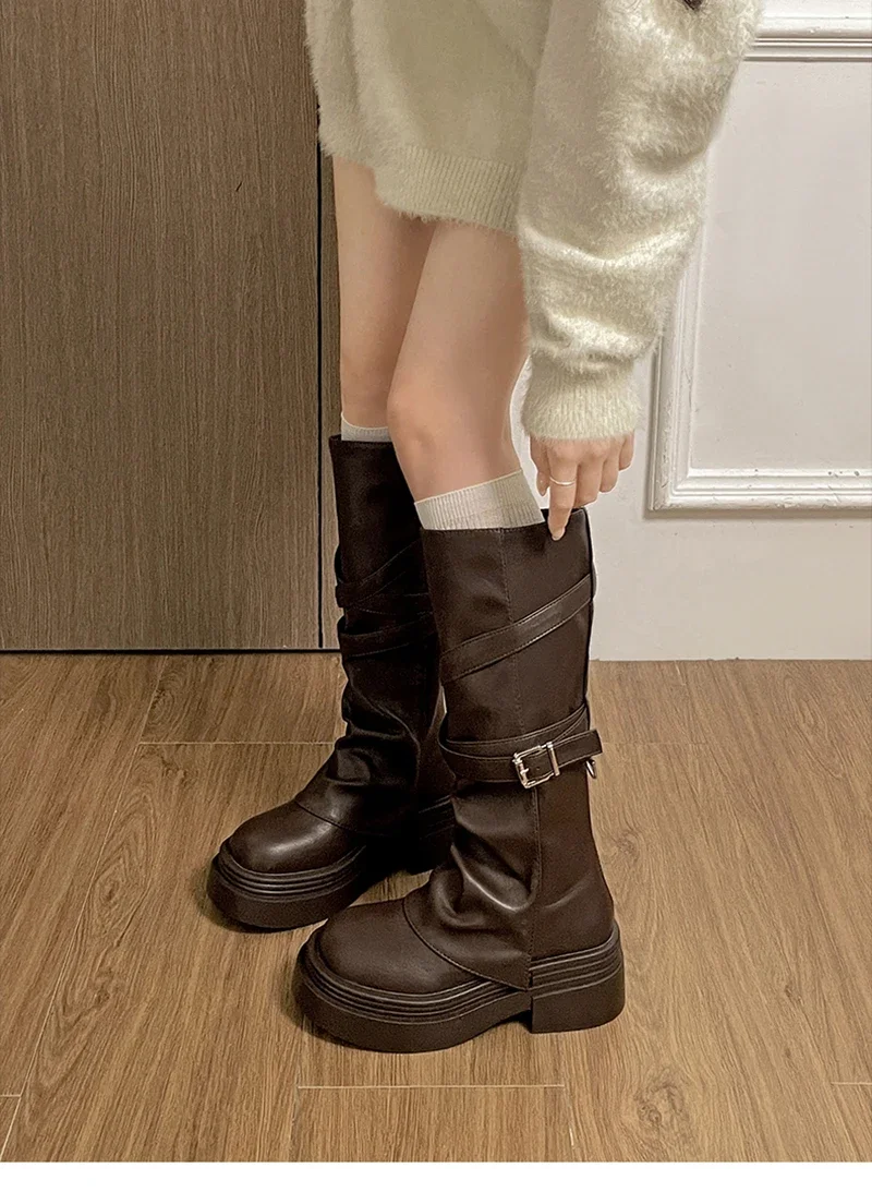 Vintage Damenstiefel mit Dickem Absatz, Modische Slip-On Kniestiefel für Herbst und Winter, Zapatos De Mujer – Detail 7