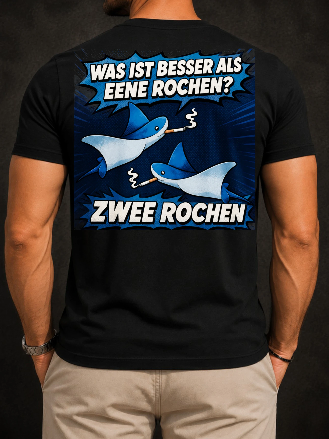 T-shirt humoristique Two Smoking Rays avec deux rayons bleus fumeurs et texte de blague allemande « Que la lumière soit meilleure que une roche », unisexe