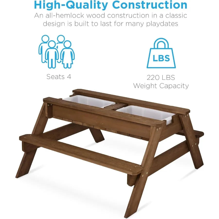 Mesa de arena y agua 3 en 1, mesa de Picnic Convertible de madera para exteriores con paraguas, 2 bandejas, tapa extraíble, capacidad de 220lb por banco