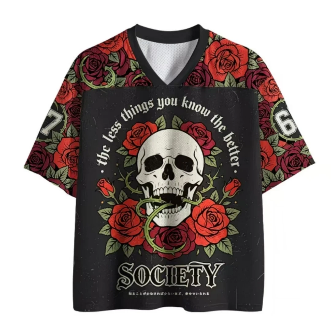 Retro Gothic Style Mesh Knit Shirt, Red Rose Skull Floral Print, V-neck Short Sleeved, Dark Punk Street Party T-shirt