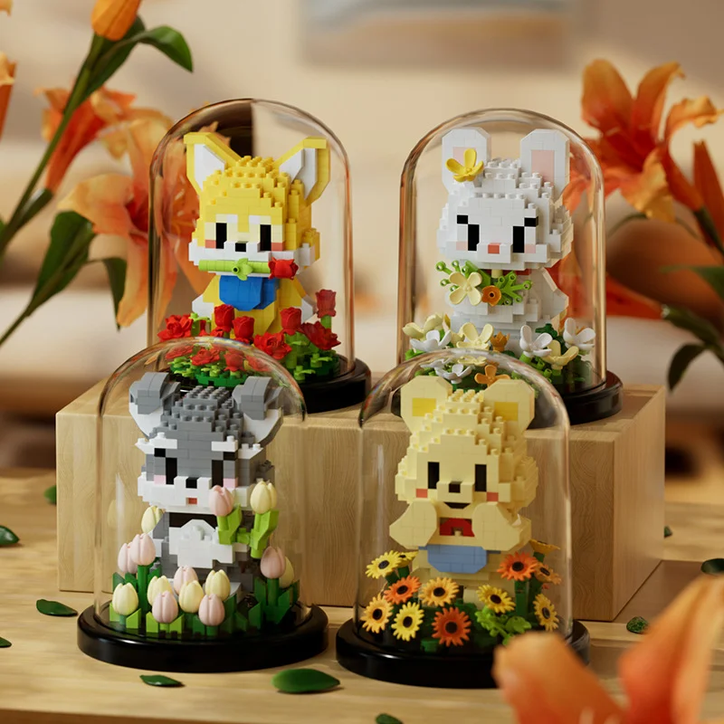 Flower Building Blocks Bouquet Animal Dust Cover Cartoon Dog Rabbit Rose Set Bonsai Collection Educational Toys Model Kids Gift