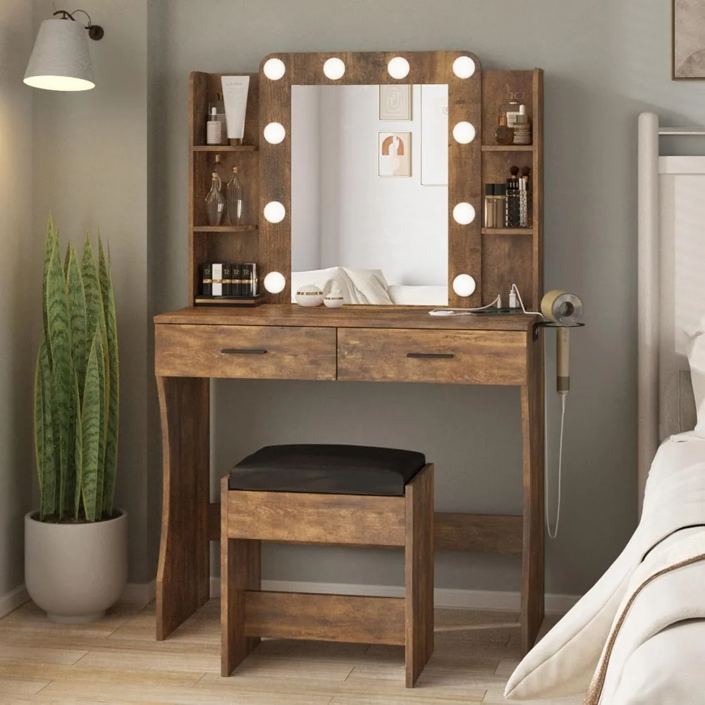 

Vanity Desk with Lights, Makeup Vanity with Power Strip, Dressing Table Set with 2 Large Drawers, Vanity Mirror, Customized