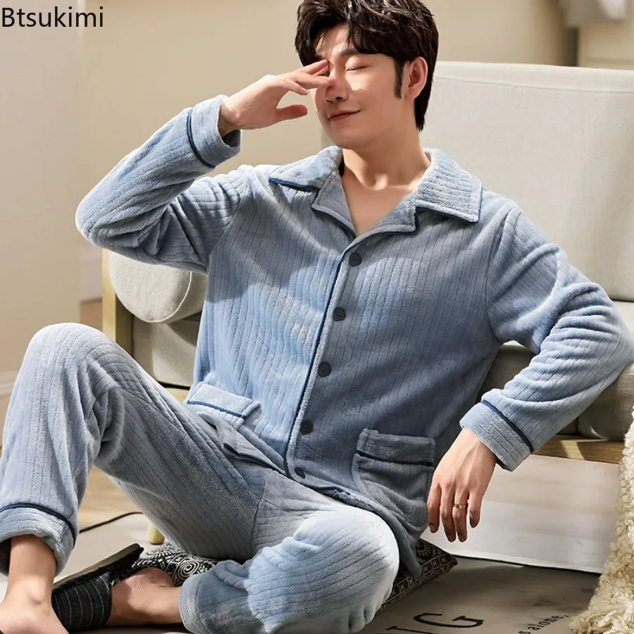 ใหม่ Flannel 2 ชิ้น/เซ็ตชุดนอนชุดสําหรับชายฤดูหนาวหนาแขนยาวเสื้อผ้าชุดนอน Turn-Down COLLAR ชุดนอน