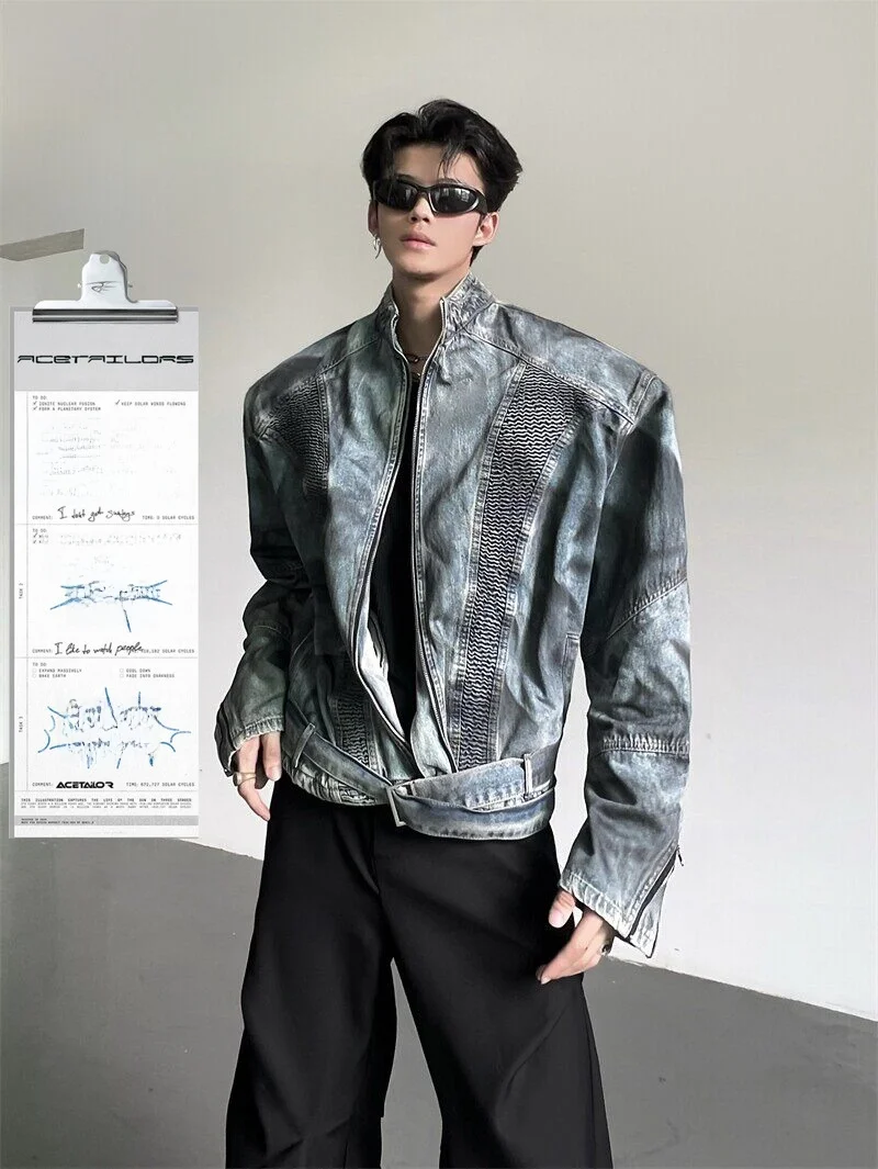 Ace Tailors American Retro Design Shoulder Pad Stand Collar Jacket Washed Gradient Vintage Short Outerwear Casual Style Cotto...