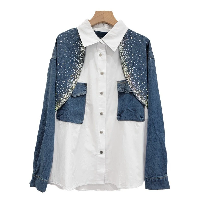 Denim Stitching Shirt for Women 2024 Spring and Autumn New Fashion Rhinestone Korean Style Loose Blouses Top Patchwork Blusas