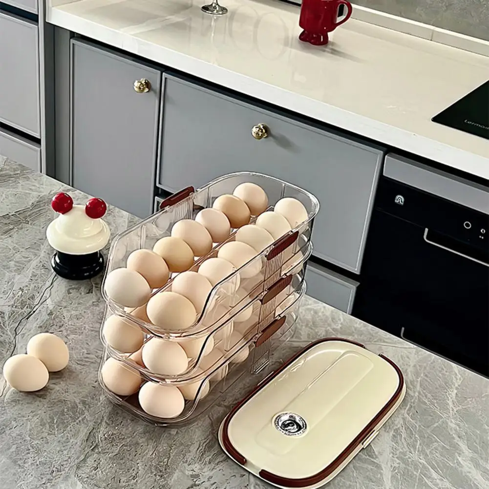 Easy Clean Egg Tray Transparent Stackable Fridge Organizer with Lid for Eggs Bpa Free Food Grade Container Automatic Rolling Egg