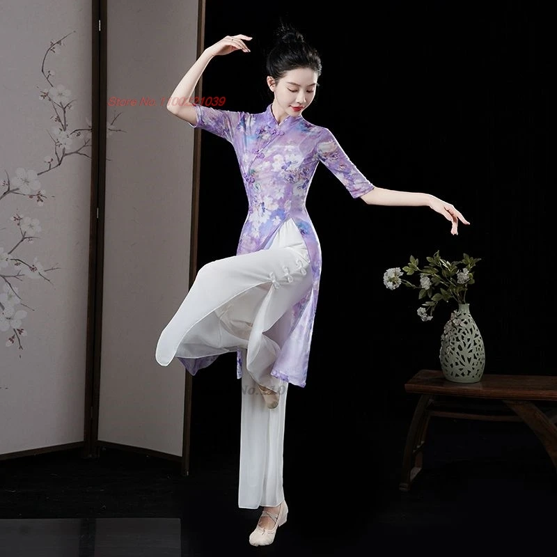 2024 chinese vintage dance dress national flower print mesh qipao dress+pants set festival folk dress stage performance qipao