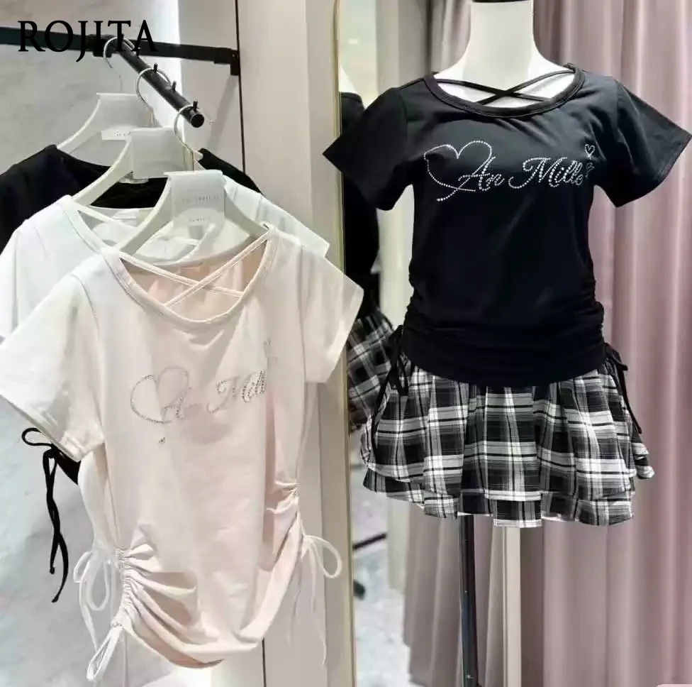 Japanese Sweet Rhinestone Drawstring Slim Fit Crew Neck Short Sleeved White T Shirt Short Tops 2026 Summer Lolita Tshirt Women