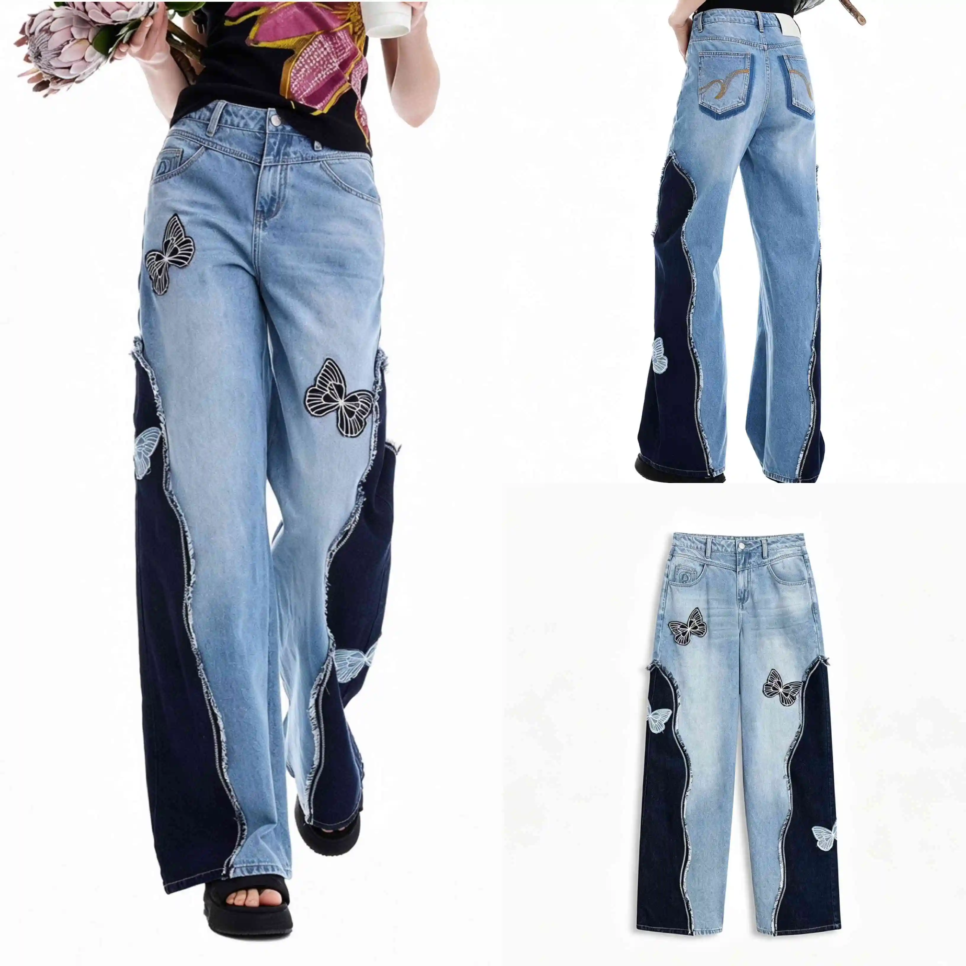 2026 New Spain Original Light Luxury Women's Jeans, Color Contrasting Splicing Butterfly Embroidered Wide Leg Pants