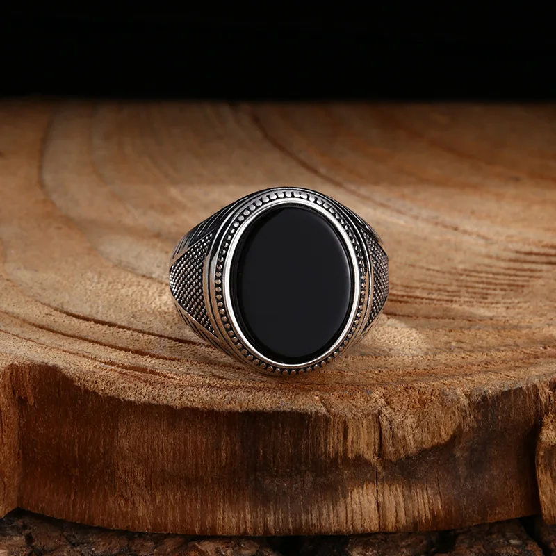 

S925 Sterling Silver Black Agate Adjustable Ring Punk Style Hip Oval Old Process Free Size Fine Jewelry FYRNG129