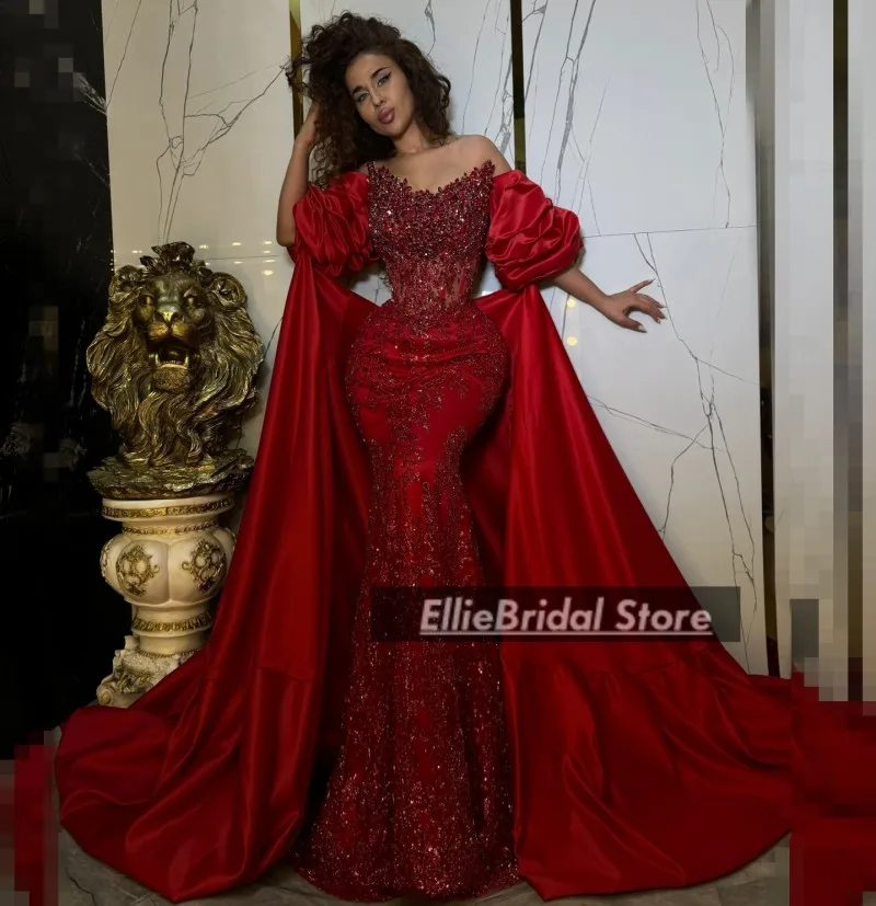 فساتين سهرة رسمية في دبي كريستال مطرز بالخرز من الساتان متواضعة ترتر حورية البحر فستان حفلات الزفاف فساتين الخطوبة حسب الطلب