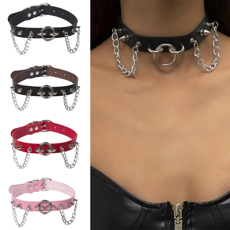 

Vintage Circle Circle Leather Collar Punk Rivet Spikes Choker Necklace For Women Rock Neck Strap Fashion Party Jewelry