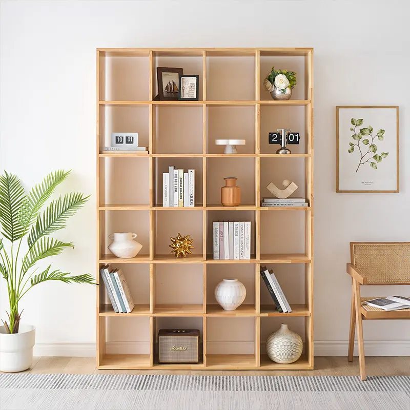 Bookshelf All solid wood floor-to-ceiling lattice cabinet Shelf storage bookcase Free combination Living room display shelf Log