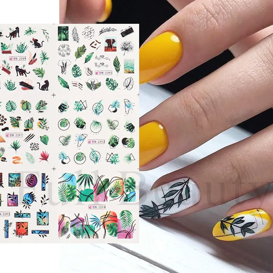 12pcs Trendy Spring Nail Water Stickers Decals Green Leaves Plant Nail Tattoo Tropical Summer Vibes Polish Sliders JIBN2089-2100