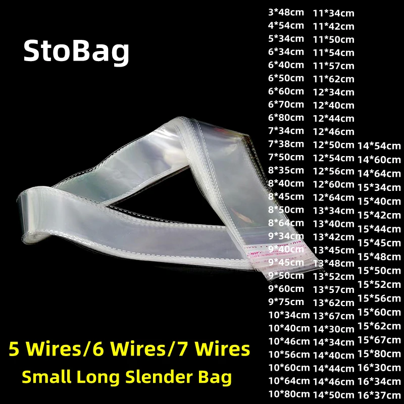 StoBag 100pcs 5Wires/7Wires Small Long Clear Plastic Self Adhesive Bag Thick OPP Resealable Waterproof Gift Food Candy Pacakging