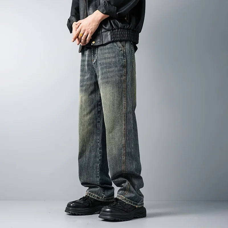

LIBIELIY Four Seasons Men's High Quality American Vintage Casual Trendy Loose Washed Jeans Pants Straight Retro Blue Denim Trou