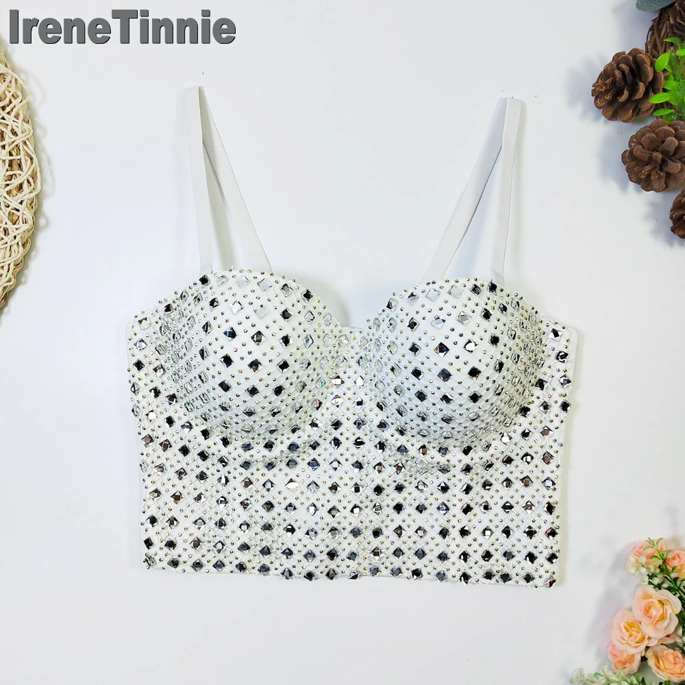 IRENE TINNIE Female Tops Nail Bead Bright Diamond Fish Bone Vest Model Wear Corset Sprinkle Bar Performance Clothes Sling Corset