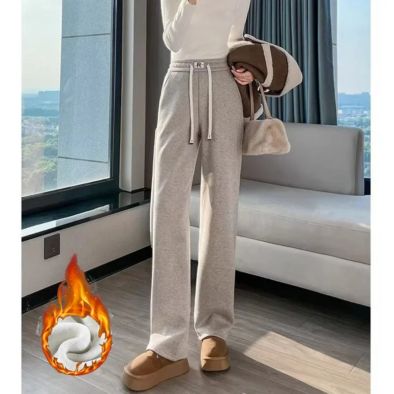 Hot Sale Winter Female High Waist Plush Slacks Girls Snow Warm Thin Fleece Pants Women Baggy Straight Leg Trousers