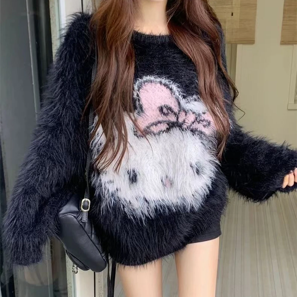 

Y2K Hello Kitty Women Sweater Sanrioed Anime Kawaii Autumn Winter Cartoon Sweater Girl Student Loose Round Neck Casual Cute Tops