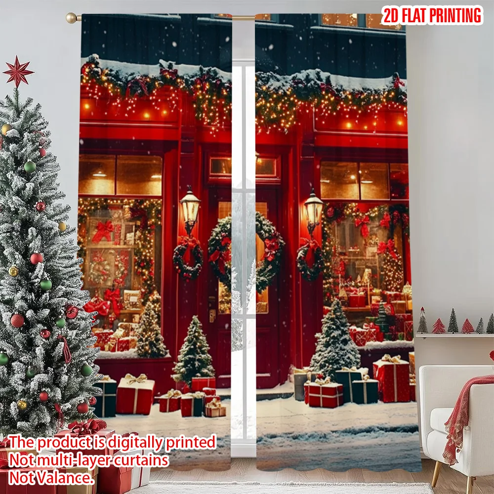 

2pcs 2D flat printing Merry Christmas Curtains Christmas snow scene Versatile Durable Polyester Without Electricity Festive