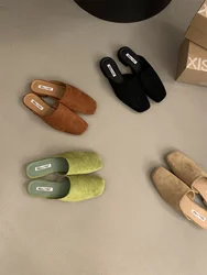 Women's Muller Shoes Women's Square Toe Small Half Shoes Modern Slippers Casual Flat-bottomed Autumn Slippers
