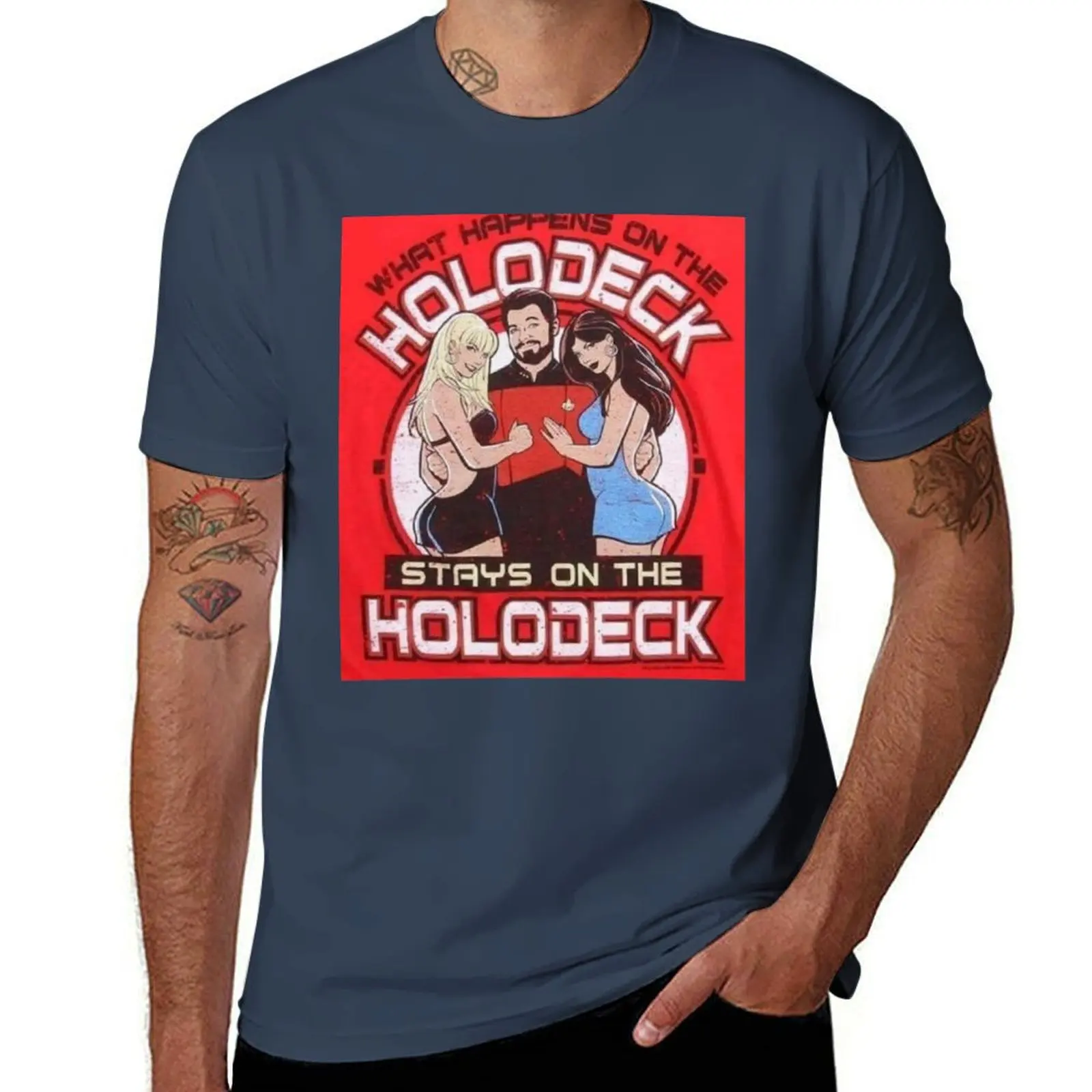 

what happens on the holodeck stays on the holodeck T-Shirt Basic Plain Short Sleeve Crew Neck Tee