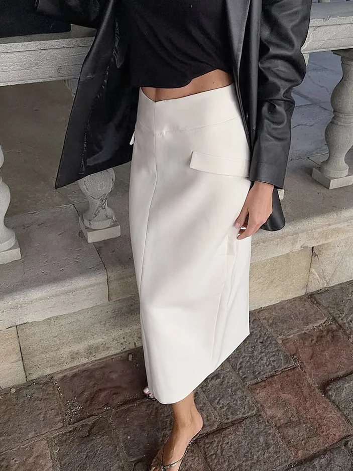 

2026 Fashion Women's High Waist White Pencil Midi Skirt Slim-Fit Office Career Skirt Side Pockets Elegant Female Jupe