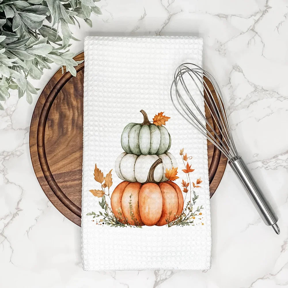 

Fall Pumpkin Waffle Tea Towel Thanksgiving Kitchen Dish/Hand Towel Gift for Hostess Housewarming Autumn Home Desktop Decoration