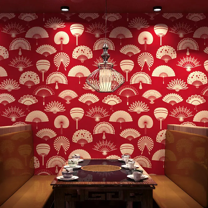 

9.5M *0.53M Red Chinese Fan Wallpaper Teahouse Study Hotel Restaurant Background Wall Decoration Japanese Classic Wallpaper