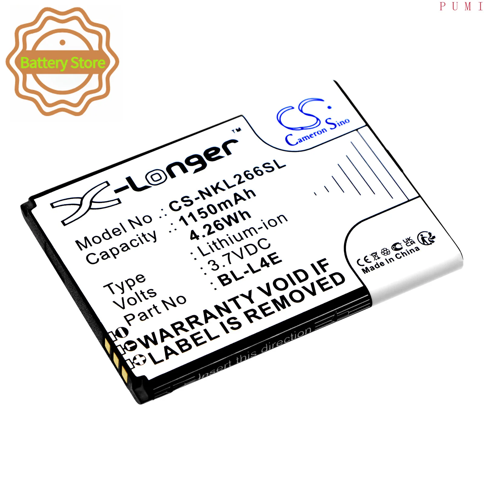 CS Replacement Battery for Nokia 2660 Flip 4G,8210 4G PN:BL-L4E 1150mAh / 4.26Wh