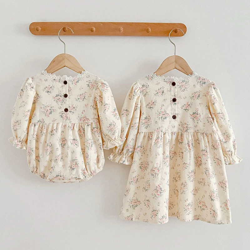 Autumn Sweet Kids Baby Girls Long Sleeve Flower Sisters Dress New Infant Baby Girls Clothes Newborn Baby Girls Rompers