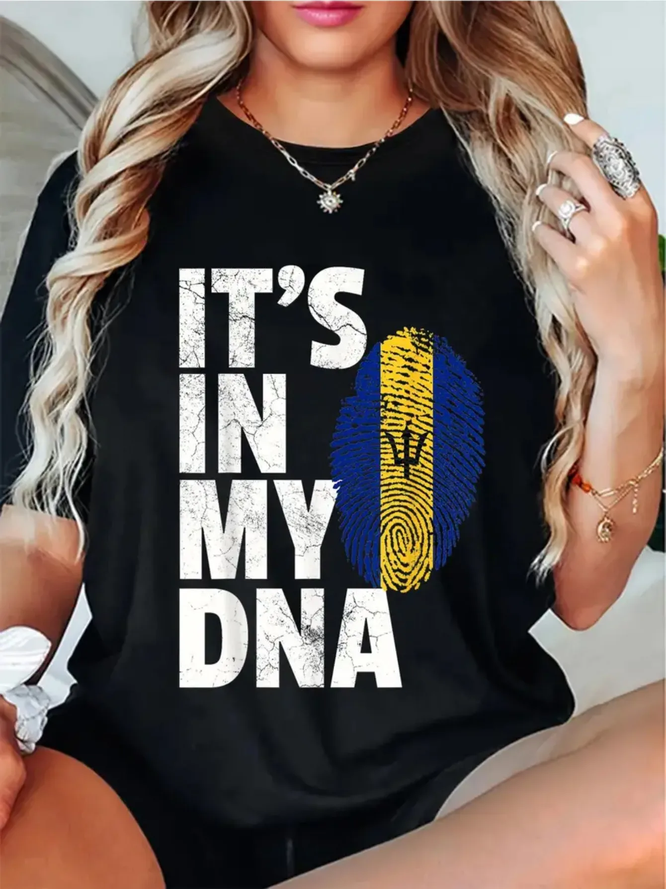 Trendy Printed Round Neck Short Sleeve T-Shirt IT'S IN MY DNA Barbados Flag Tee Shirt Men Women Gift T-Shirt