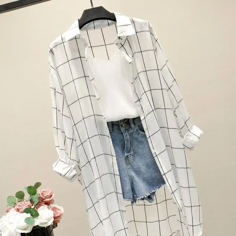 Blouse Women Blue Plaid Shirt Women\'s Retro Long Clothing Shirt Coat Summer Blusas Ropa De Mujer