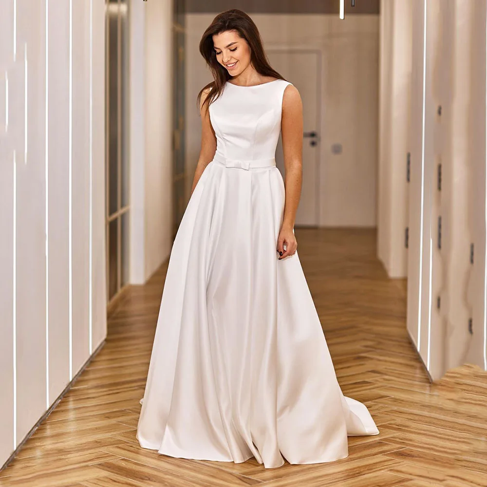 

Simple A Line Wedding Dresses With Belt Sleeveless Scoop Neck Bridal Gowns Satin Sweep Train Elegant Vestido De Noiva Casamento