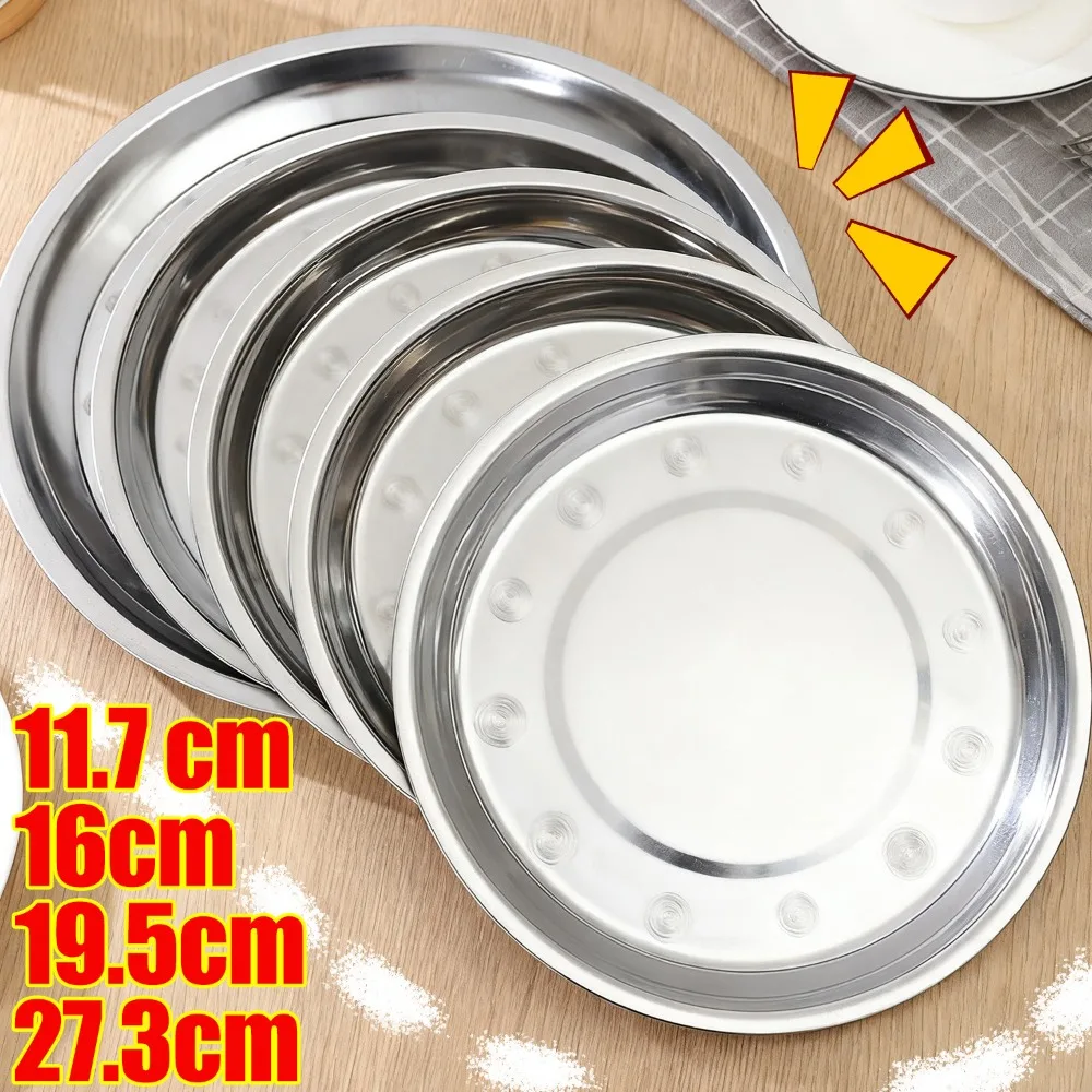 4 Sizes Stainless Steel Round Plate Thickened Silver Shallow Tray Rust-Proof Camping Plate BBQ Picnic Dishes Kitchen Tableware