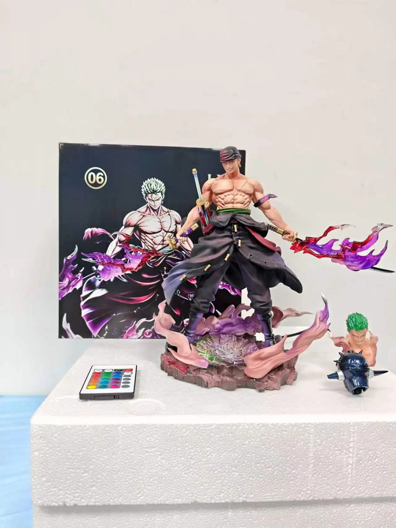 Roronoa Zoro Action Figure 28cm Usb Plug Rc Light Adjustment 2 Heads One Piece Purple Battle Aura Collectible Statue For Fans