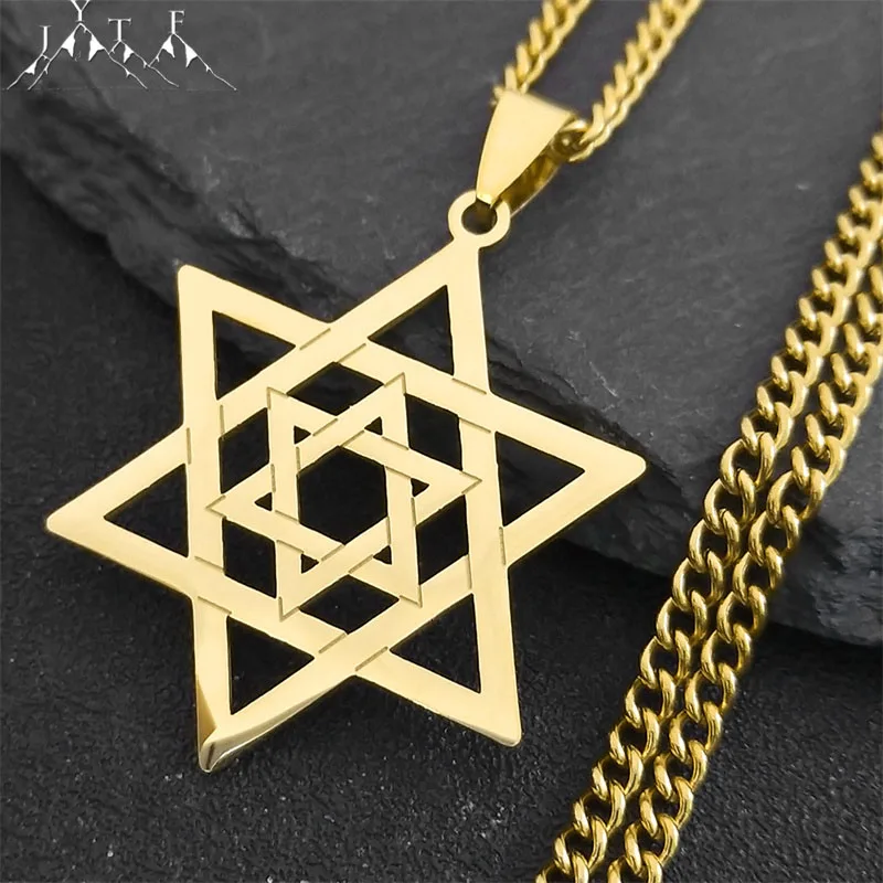 Hip Hop Star Of David Shield Hexagram Naszyjnik dla mężczyzn Moda Łańcuch ze stali nierdzewnej w kolorze złotym Biżuteria w kształcie gwiazdy Prezent