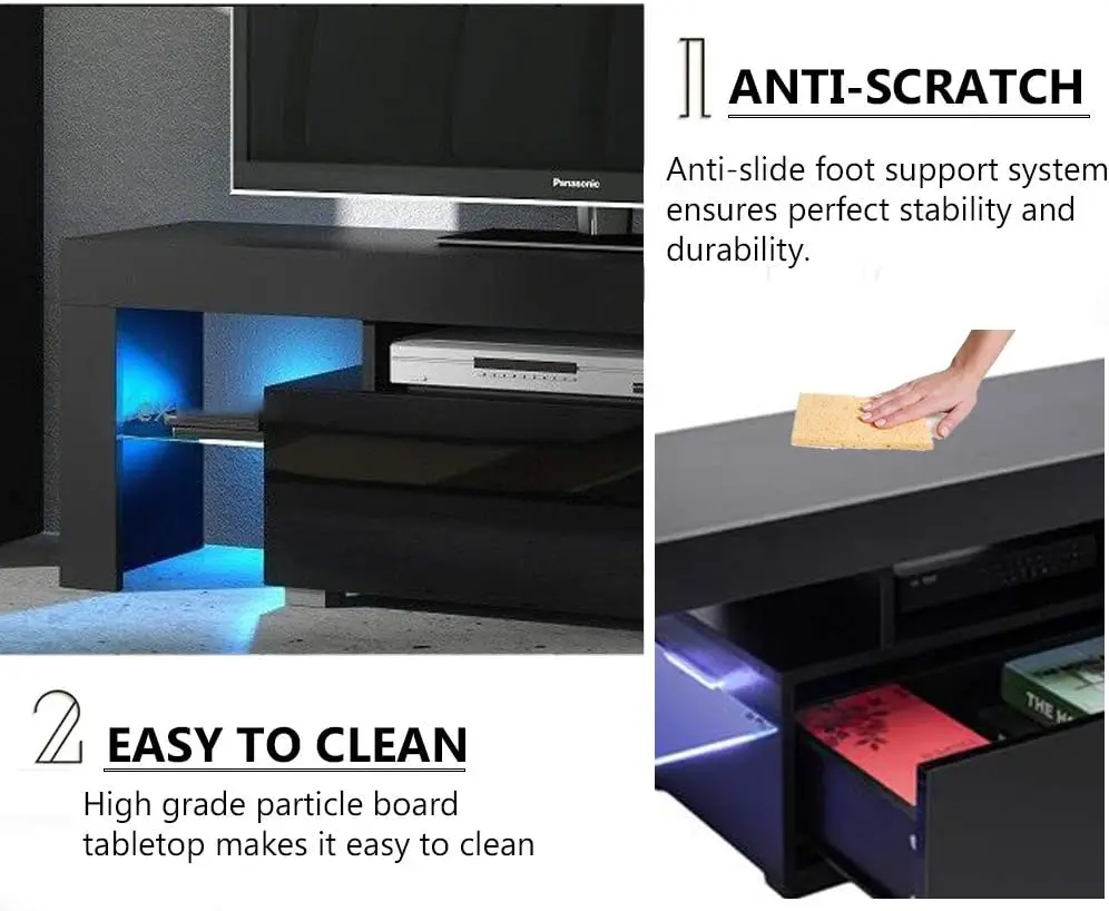 حامل تلفزيون حديث وبسيط مع LED، حامل تلفزيون وطاولة وحدة تحكم مركزية للترفيه لغرفة المعيشة، لتلفزيون مقاس 51 بوصة (أسود)